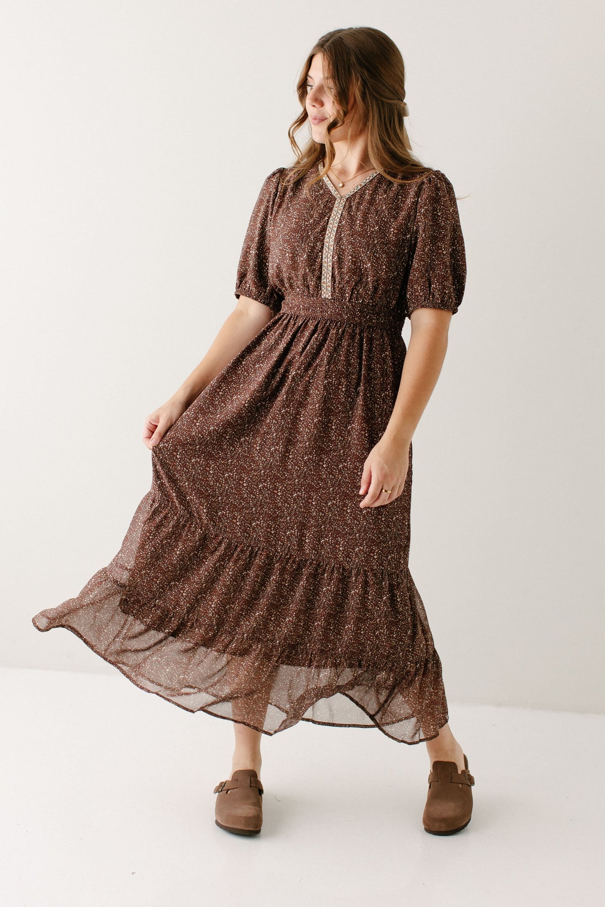 'Adamina' Embroidered Trim Ditsy Floral Maxi Dress