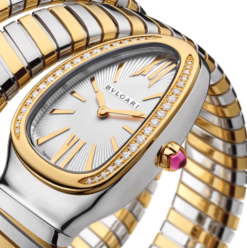 Bulgari Serpenti Tubogas 35mm Steel and Gold Diamond Quartz White Dial Watch
