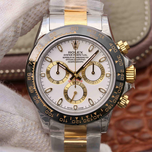 DAYTONA 40MM GOLD STEEL BLACK BEZEL WHITE DIAL