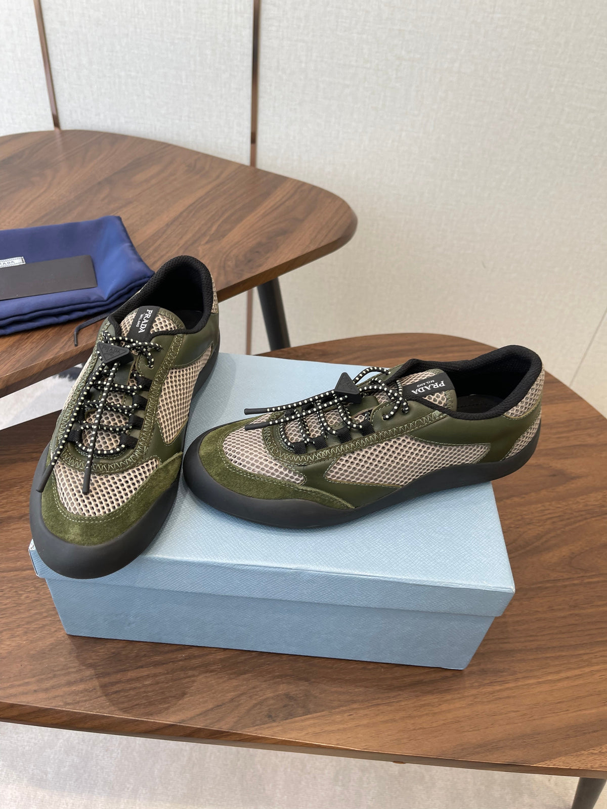 Prada Speedrock Sneakers Olive Green Mesh Fabric 727600