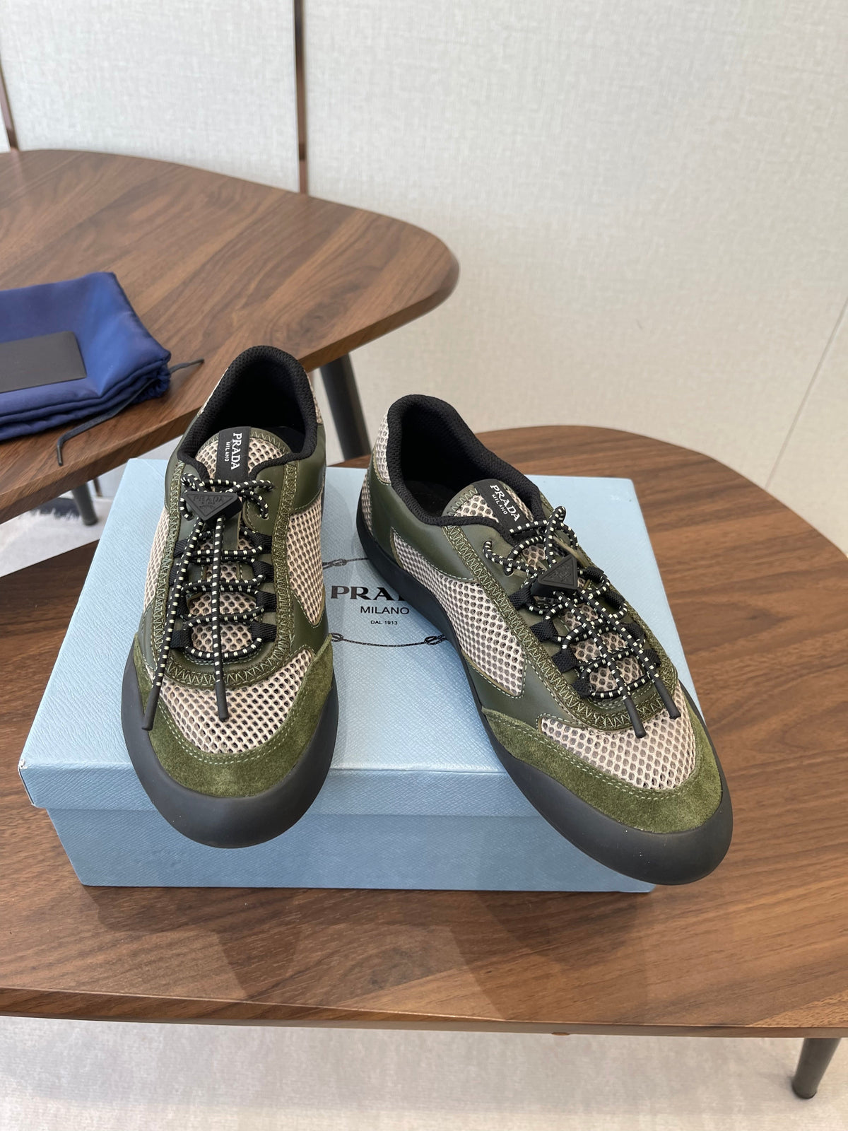 Prada Speedrock Sneakers Olive Green Mesh Fabric 727600