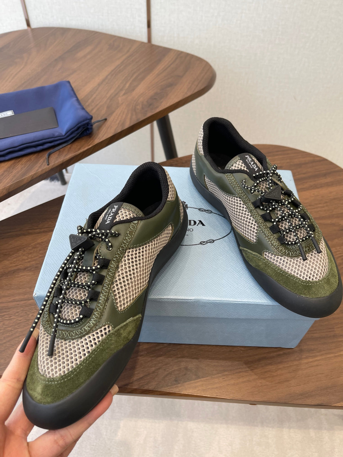 Prada Speedrock Sneakers Olive Green Mesh Fabric 727600