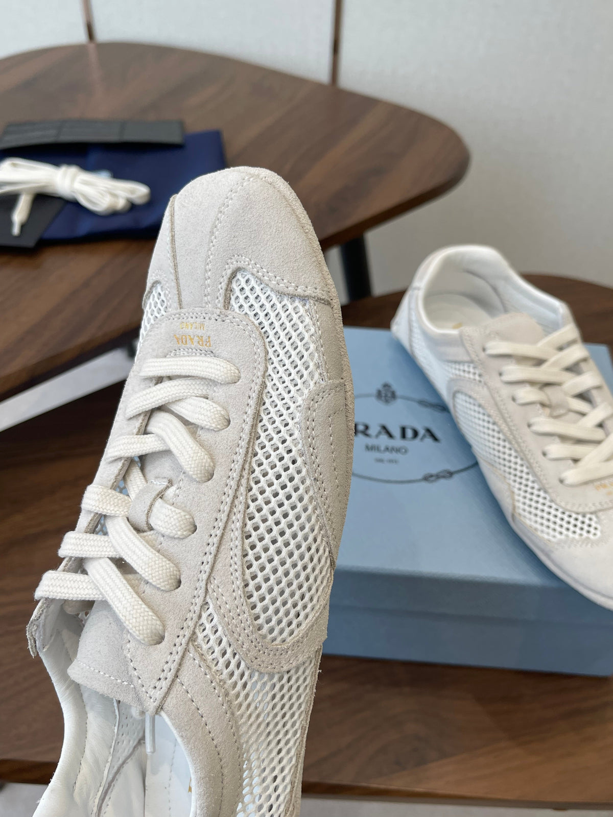 Prada Low-Top Sneakers Off White Mesh Suede 727612