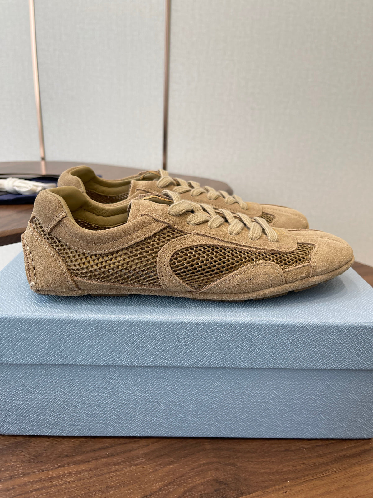 Prada Low-Top Sneakers Beige Mesh Suede 727613