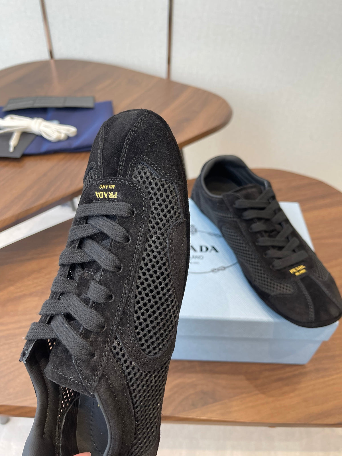 Prada Low-Top Sneakers Black Mesh Suede 727614