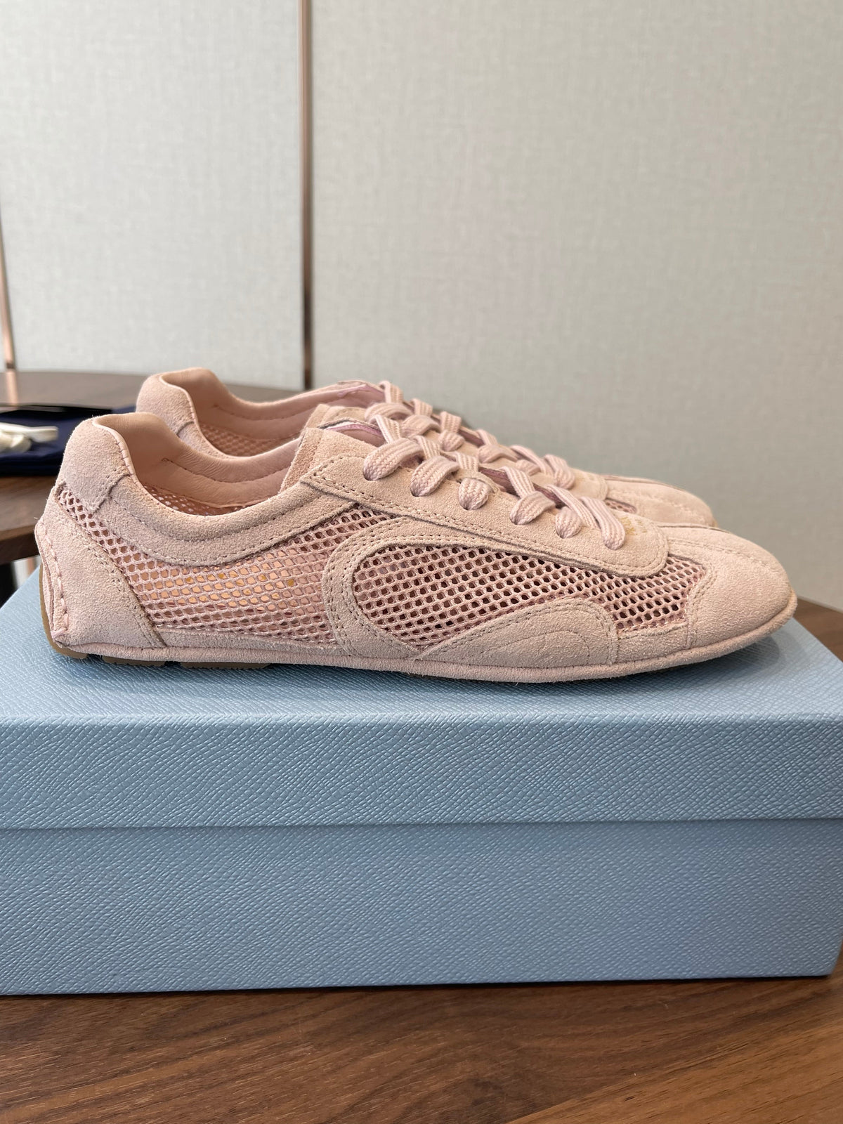 Prada Low-Top Sneakers Light Pink Mesh Suede 727615