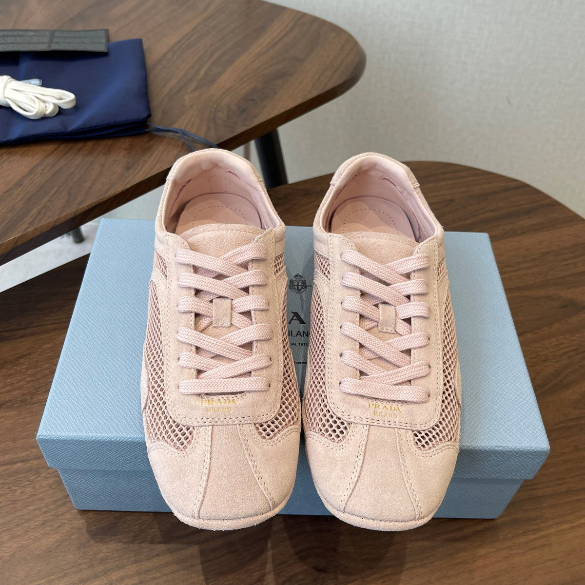 Prada Low-Top Sneakers Light Pink Mesh Suede 727615