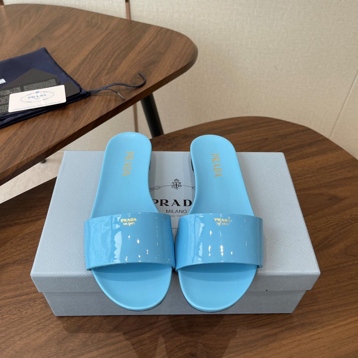 Prada Logo Slides Light Blue Patent Leather 727619