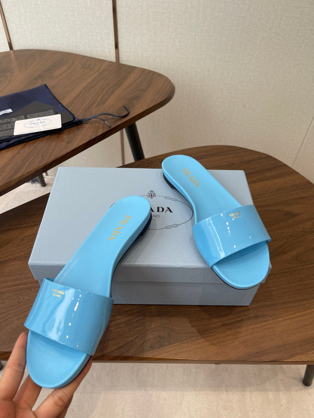 Prada Logo Slides Light Blue Patent Leather 727619
