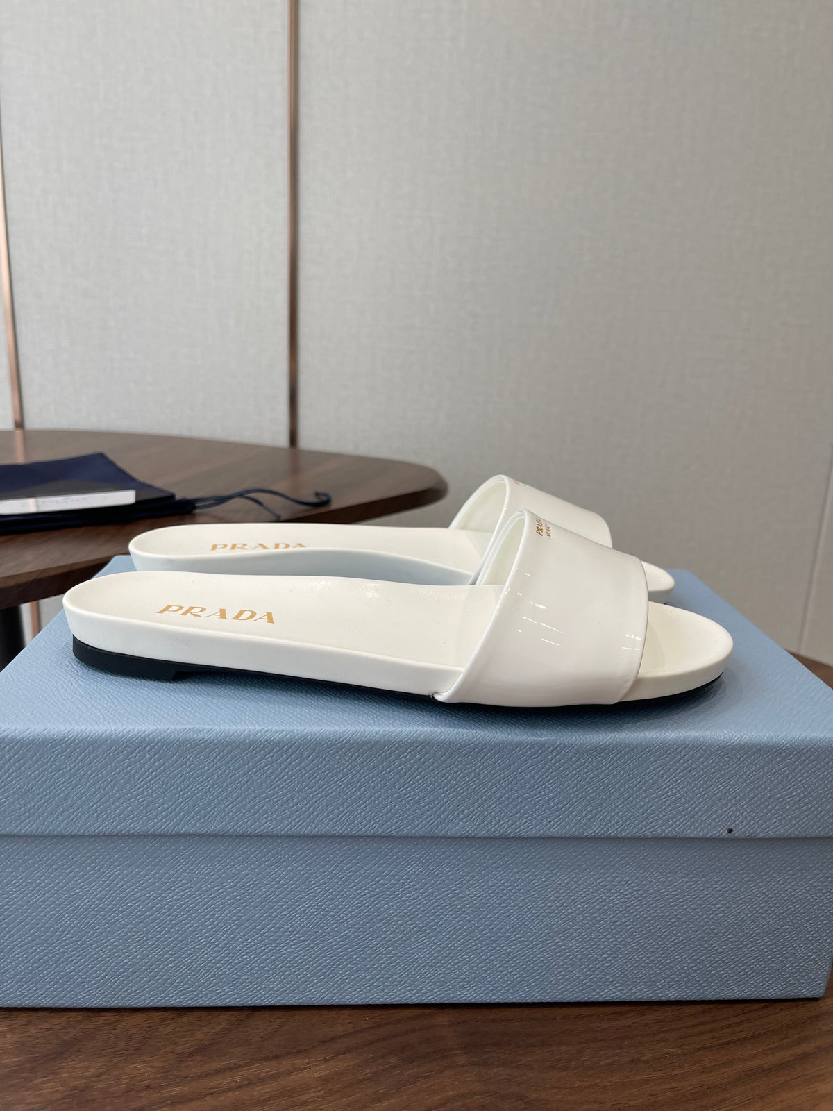 Prada Logo Slides White Patent Leather 727620