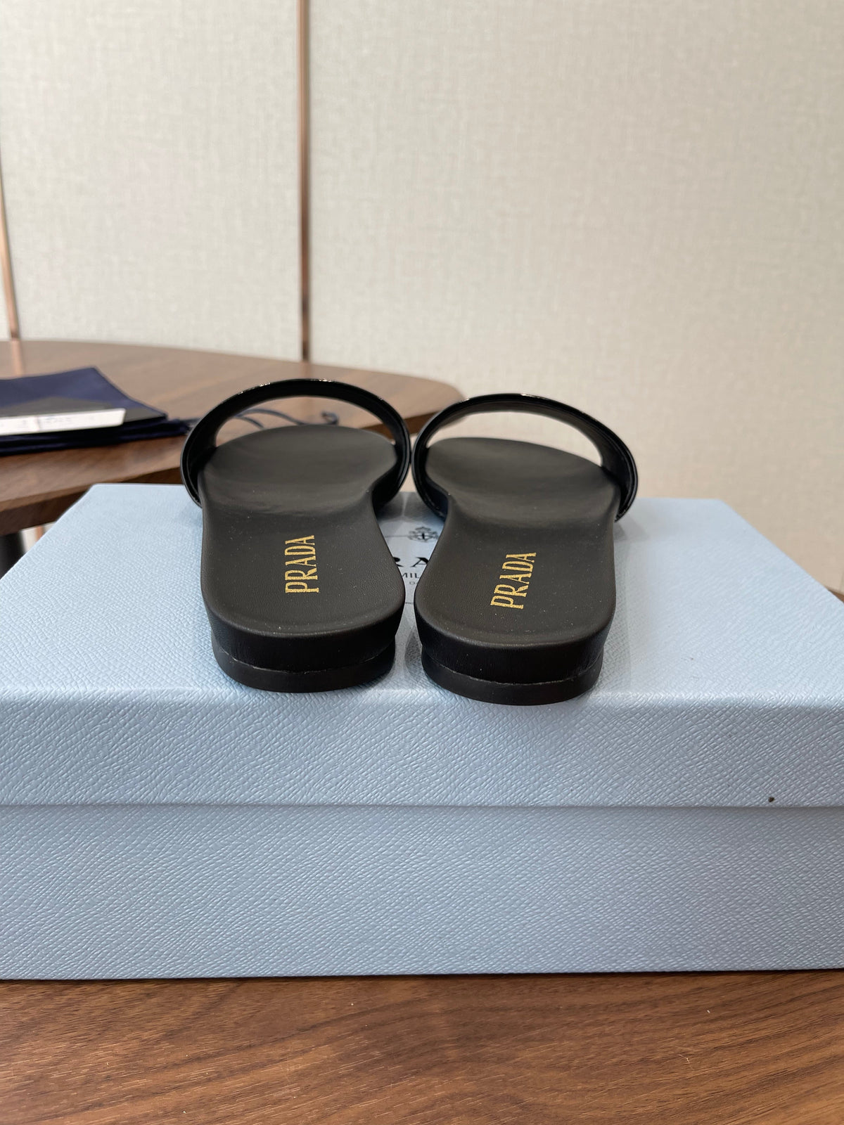 Prada Logo Slides Black Patent Leather 727621
