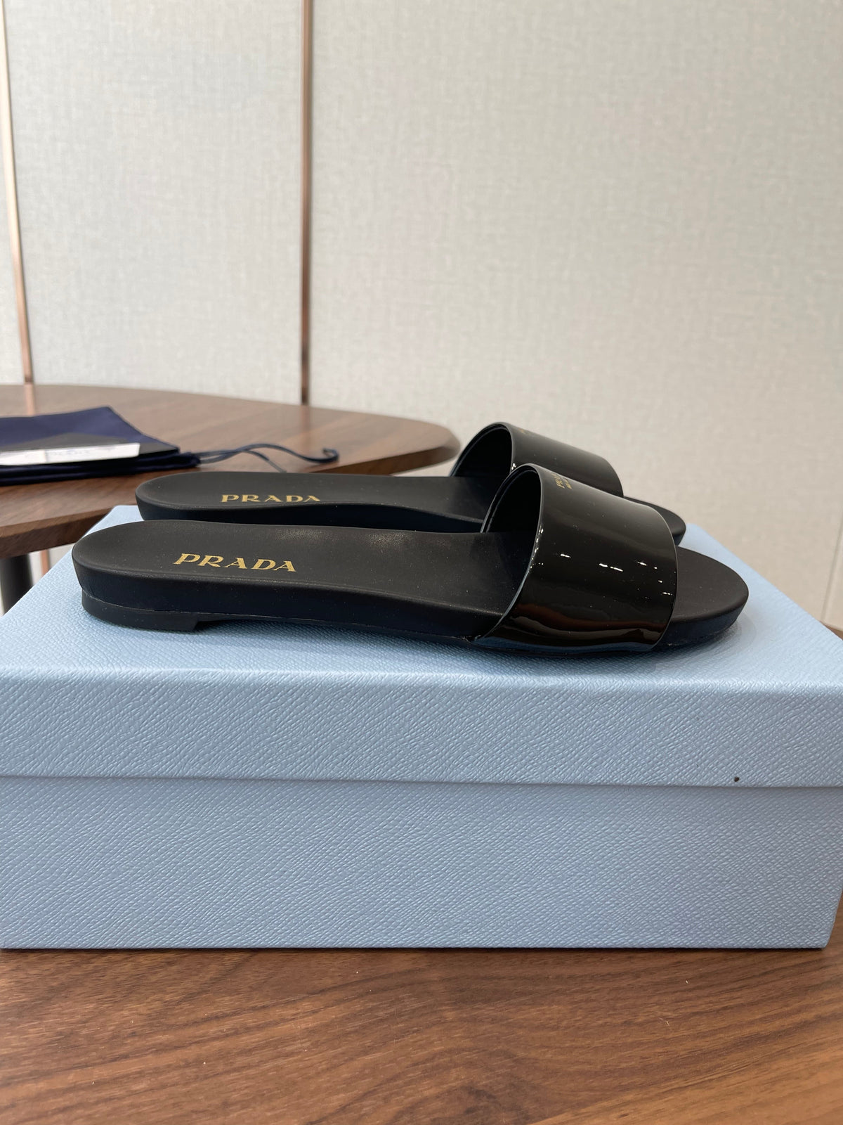 Prada Logo Slides Black Patent Leather 727621