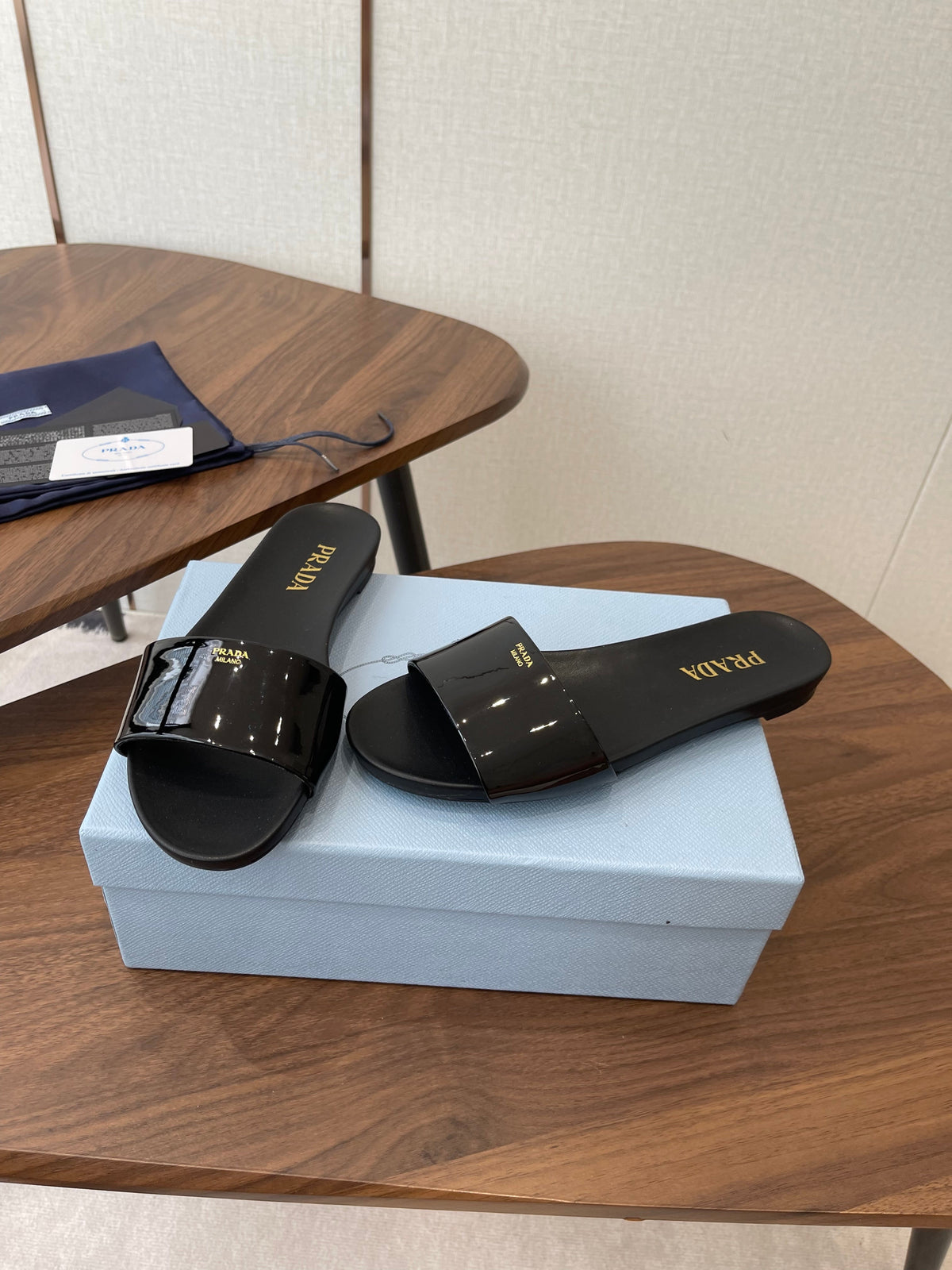 Prada Logo Slides Black Patent Leather 727621
