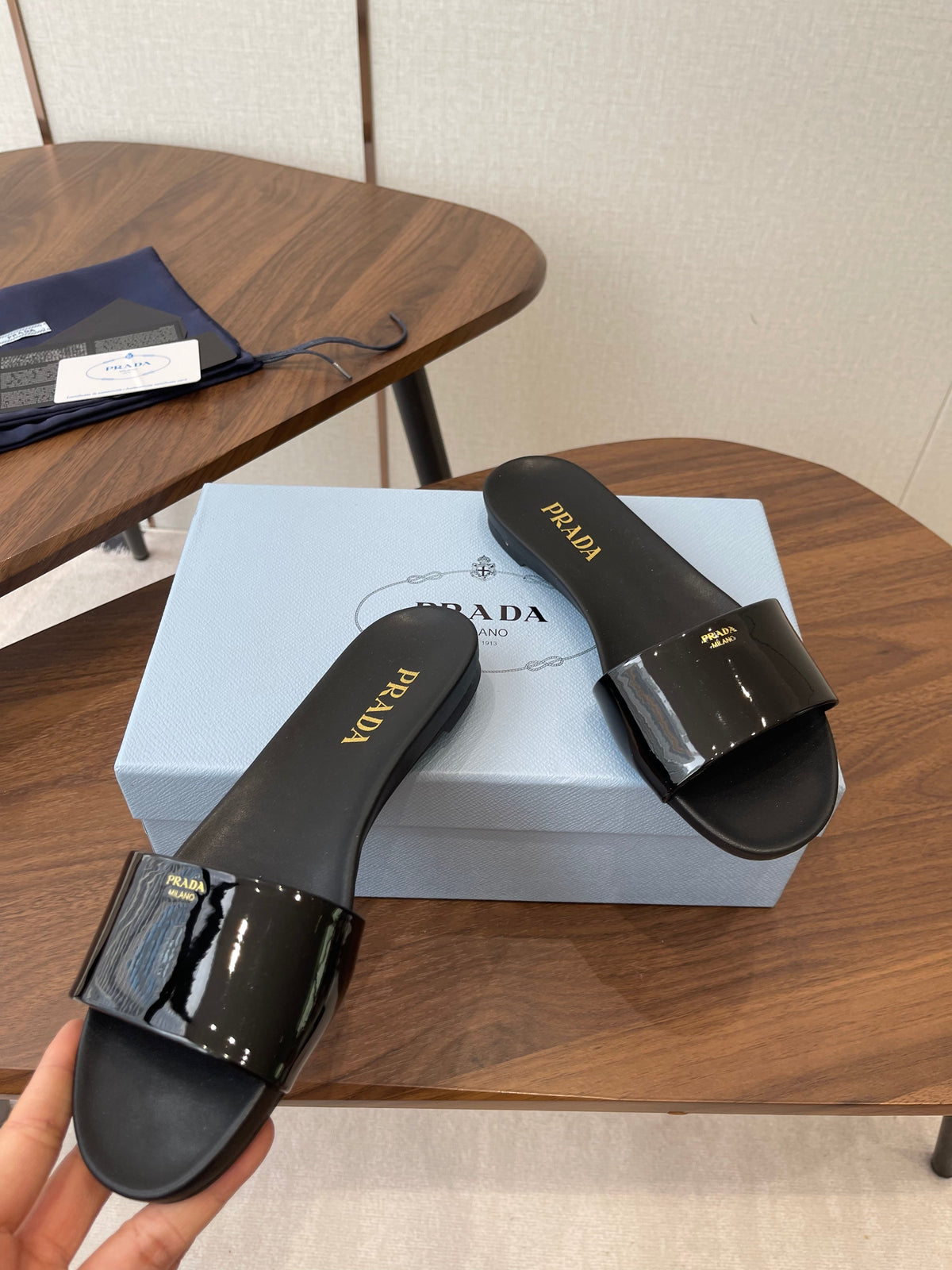 Prada Logo Slides Black Patent Leather 727621