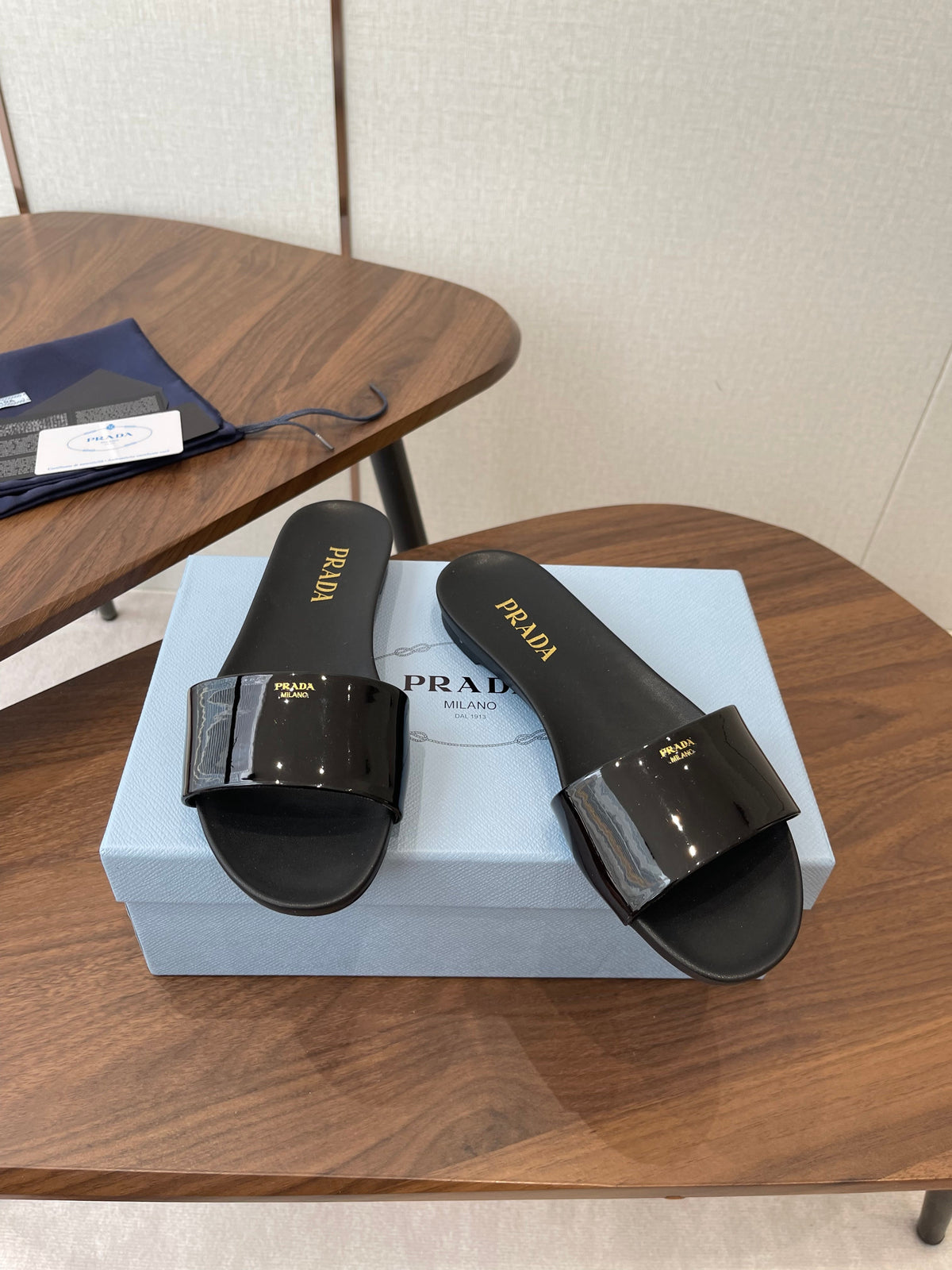 Prada Logo Slides Black Patent Leather 727621