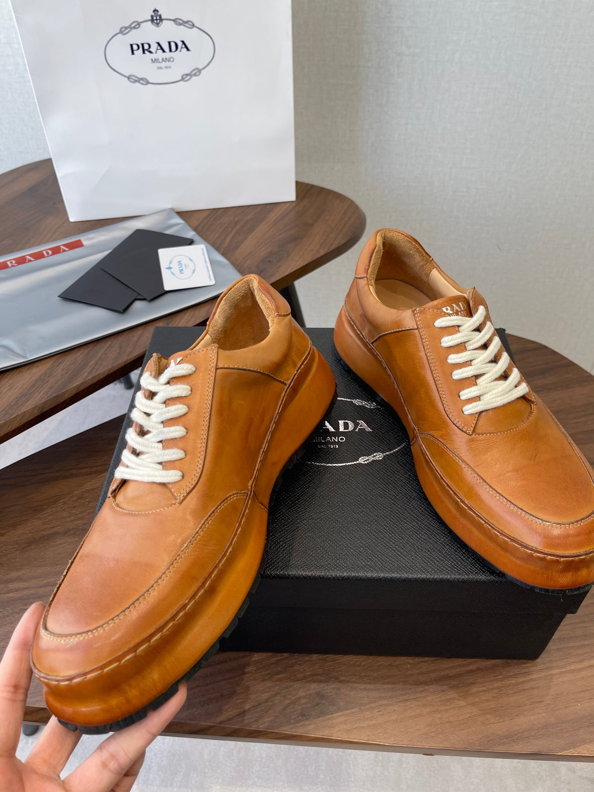 Prada Downtown Sneaker Brown Shiny Leather 727637