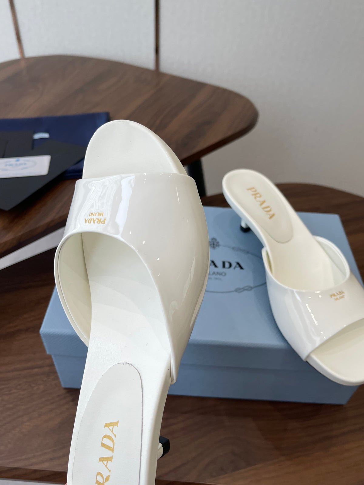Prada Kitten Heel Sandals White Patent Leather 727641
