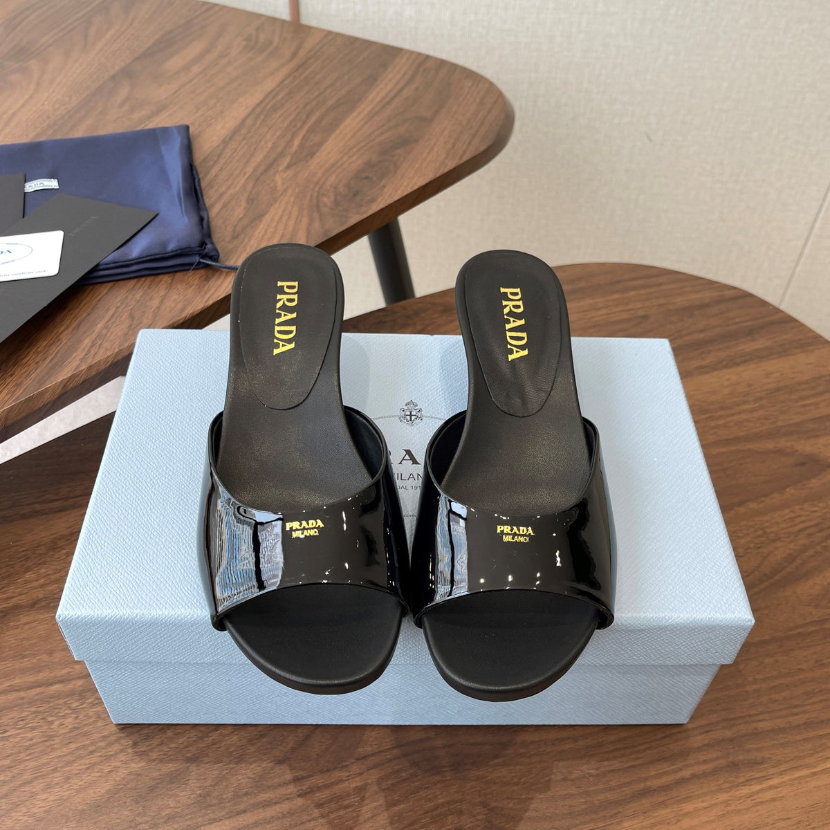 Prada Kitten Heel Sandals Black Patent Leather 727643