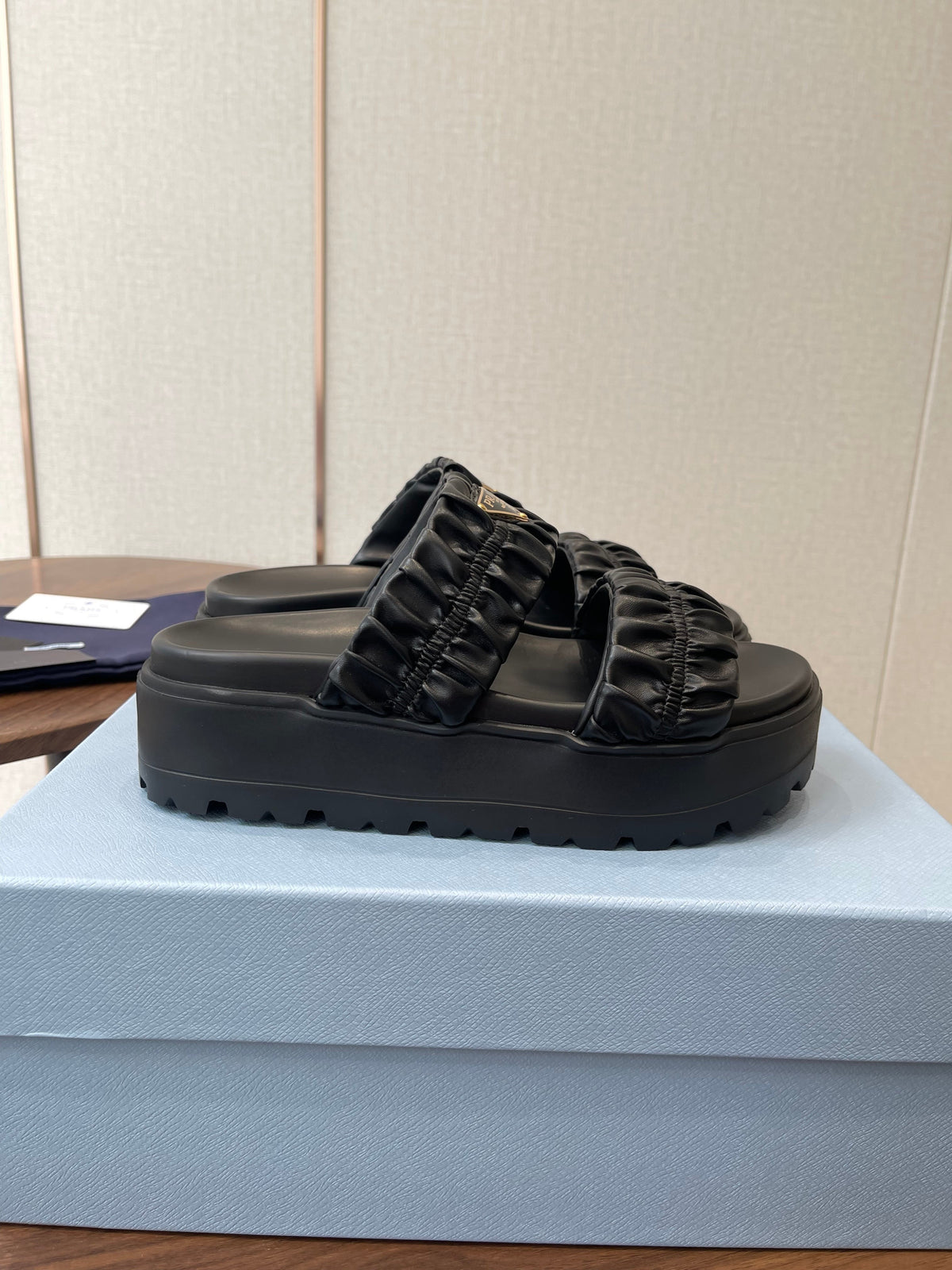 Prada 26s Flatform Slides Black Matelassé Leather 727650