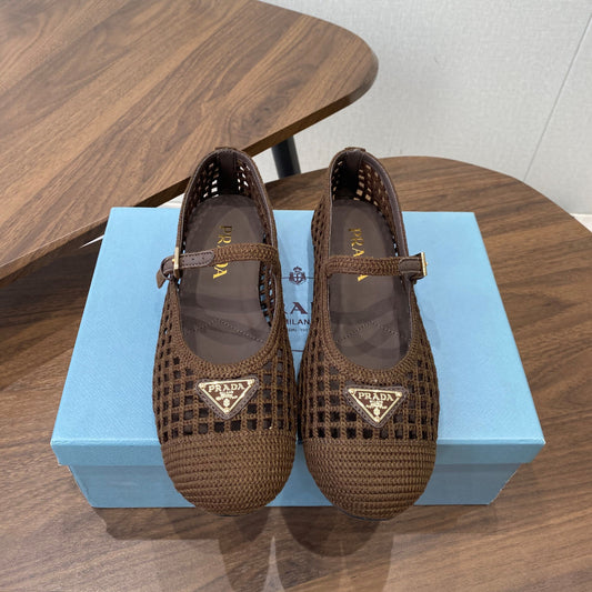 Prada 26s Ballet Flat Coffee Leather Fabric 727665