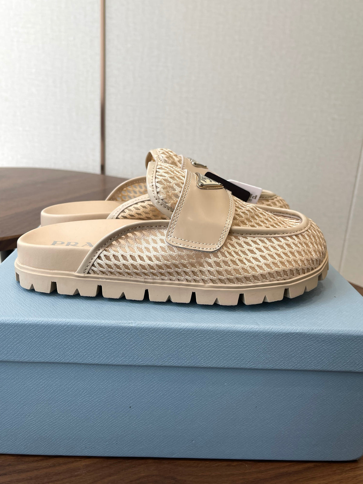 Prada 26s Mules Light Beige Mesh Fabric 727677