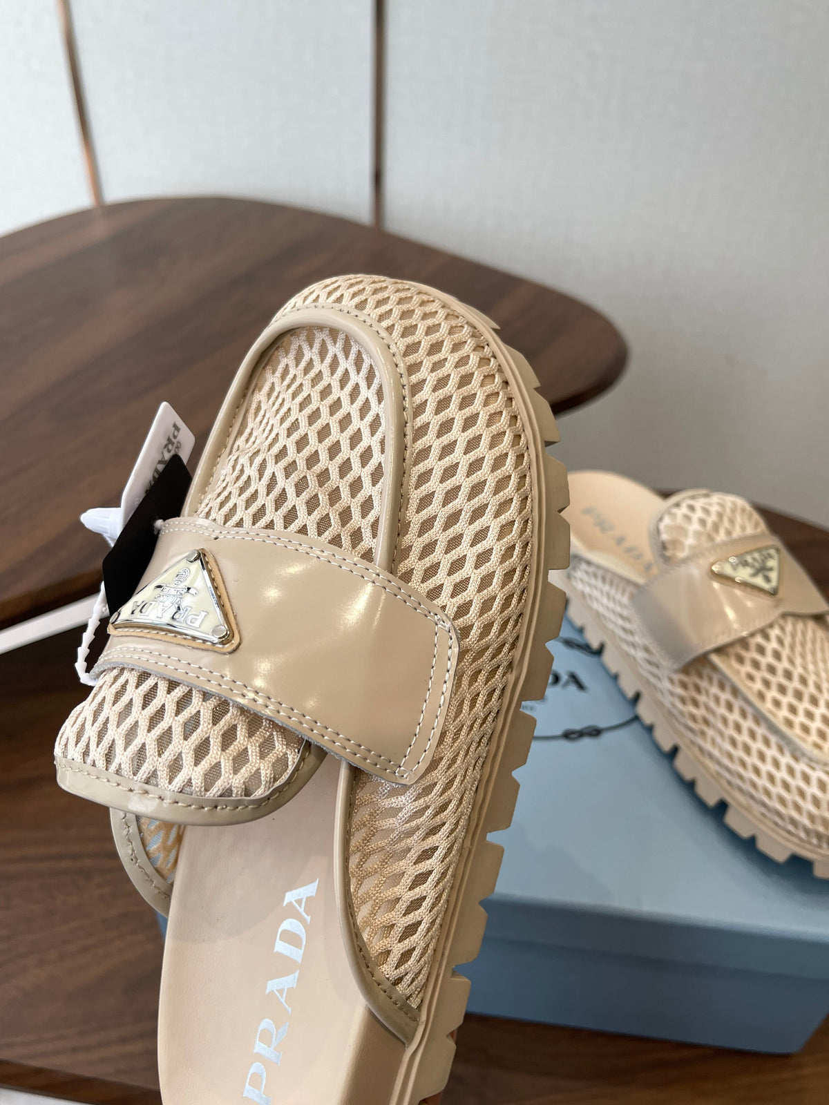 Prada 26s Mules Light Beige Mesh Fabric 727677