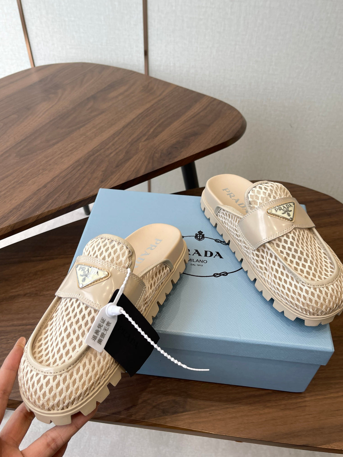 Prada 26s Mules Light Beige Mesh Fabric 727677