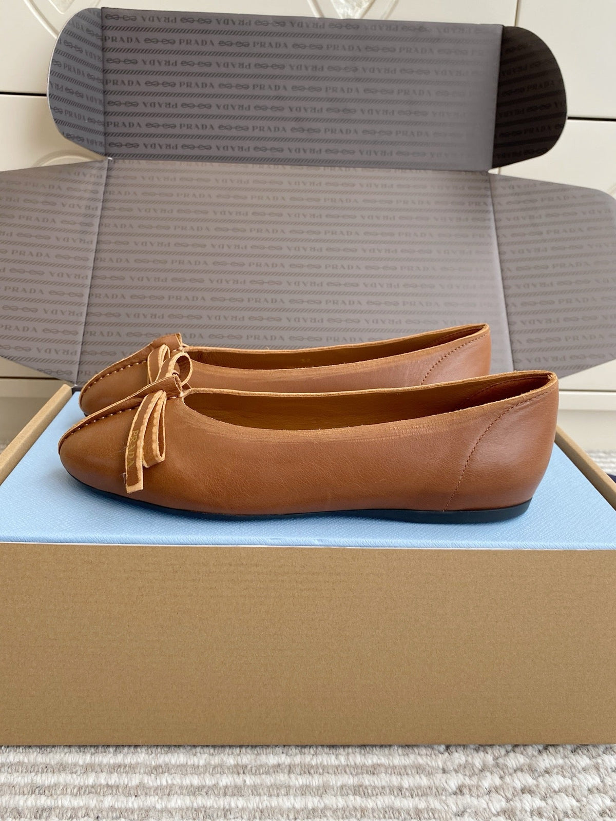 Prada 26s Antiqued Ballerinas Brown Lambskin 859007
