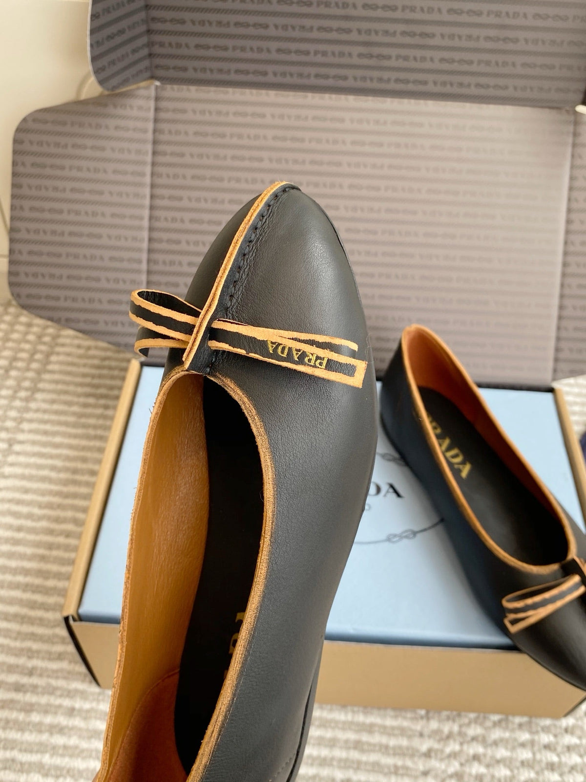 Prada 26s Antiqued Ballerinas Chalk Black Lambskin 859008