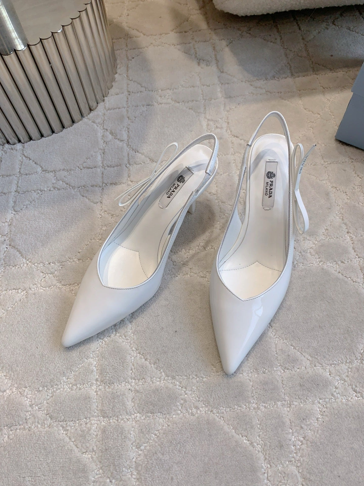 Prada 26s Open-Back High Heels White Patent Leather 615388