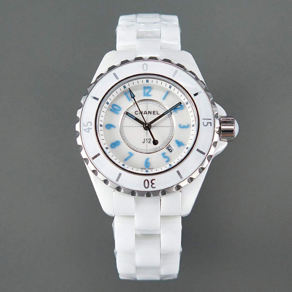 J12 Date Quartz White Ceramic Blue Numerals White Dial
