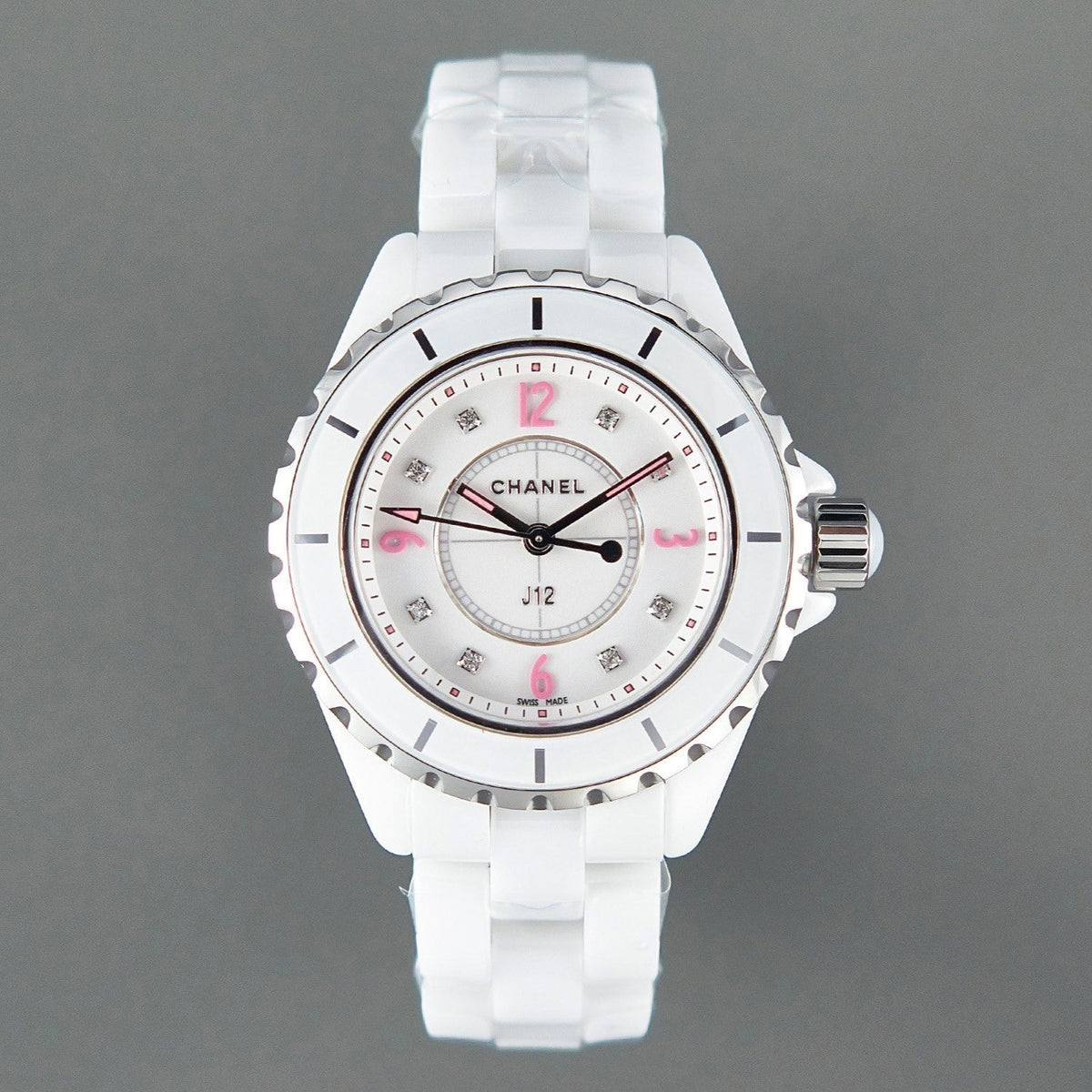 J12 Quartz White Ceramic Pink Diamond Numerals White Dial