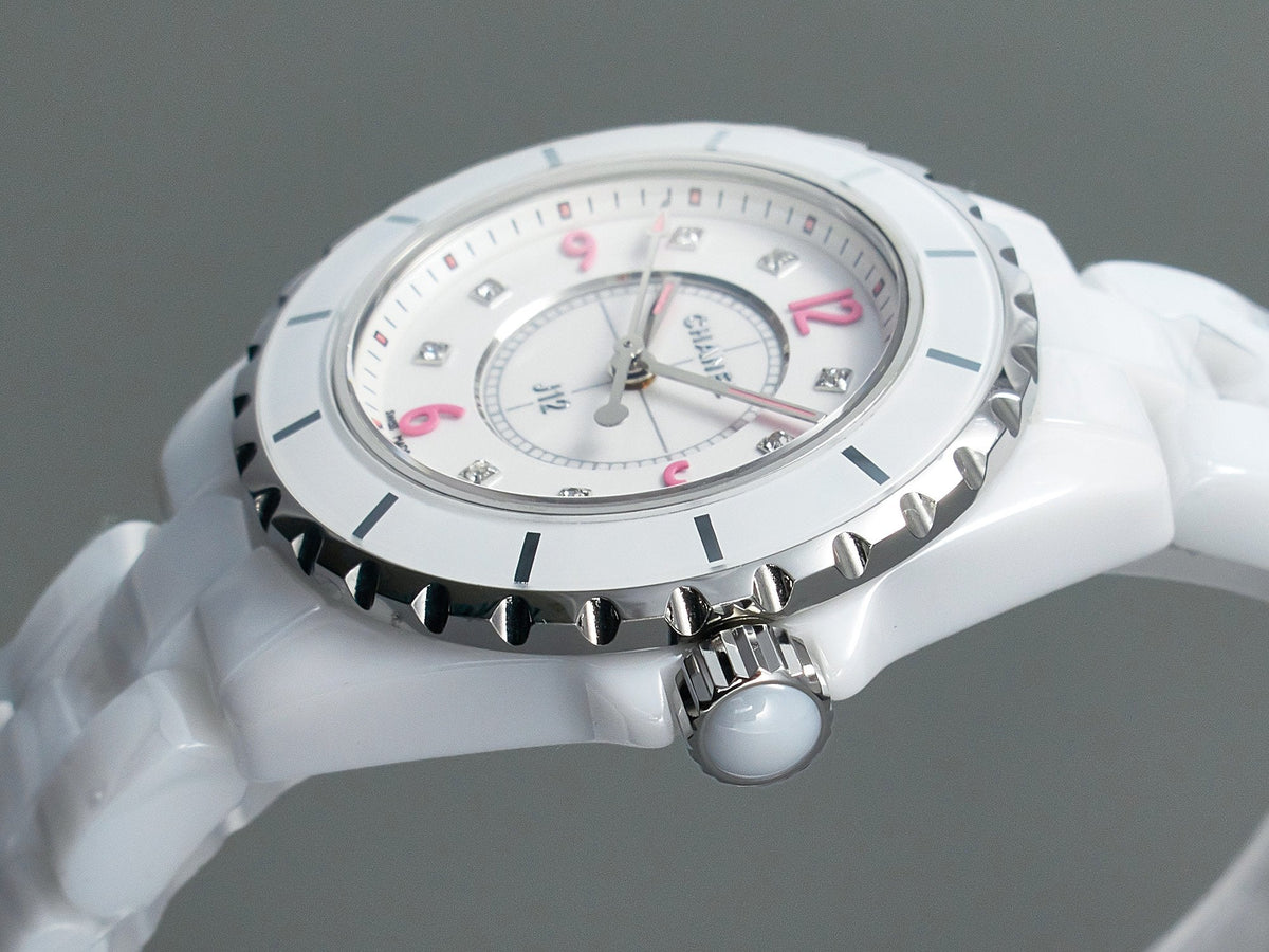 J12 Quartz White Ceramic Pink Diamond Numerals White Dial