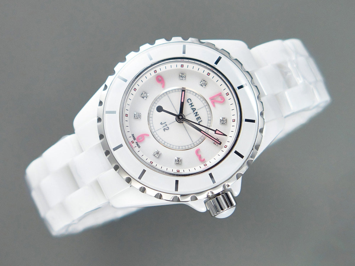 J12 Quartz White Ceramic Pink Diamond Numerals White Dial