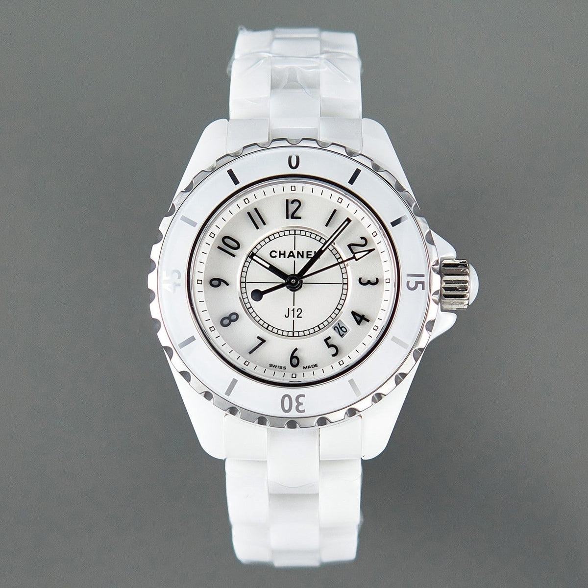J12 Date Quartz White Ceramic Black Numerals White Dial