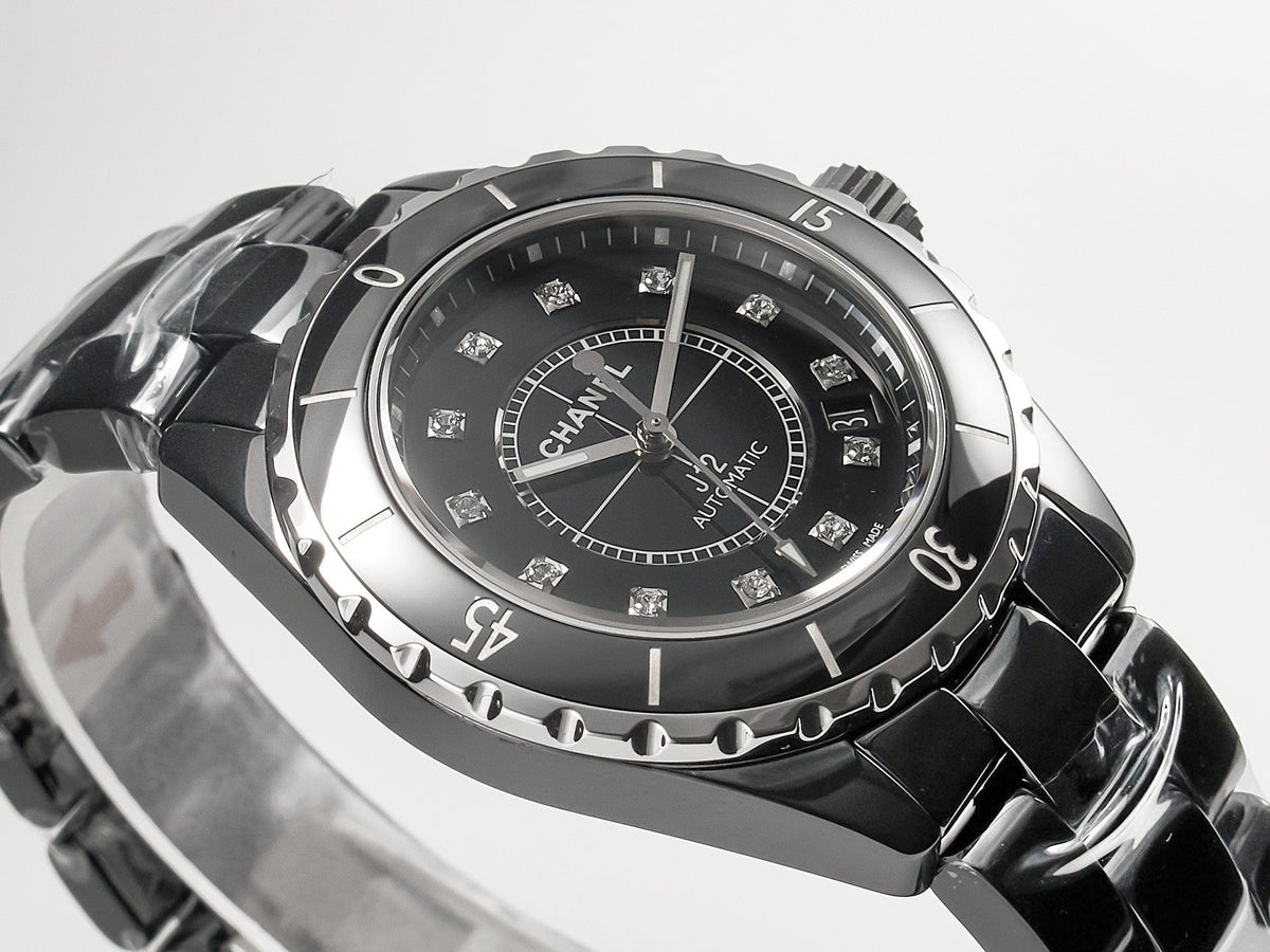 J12 Date Automatic Black Ceramic Diamond Numerals Black Dial White Steel Hands