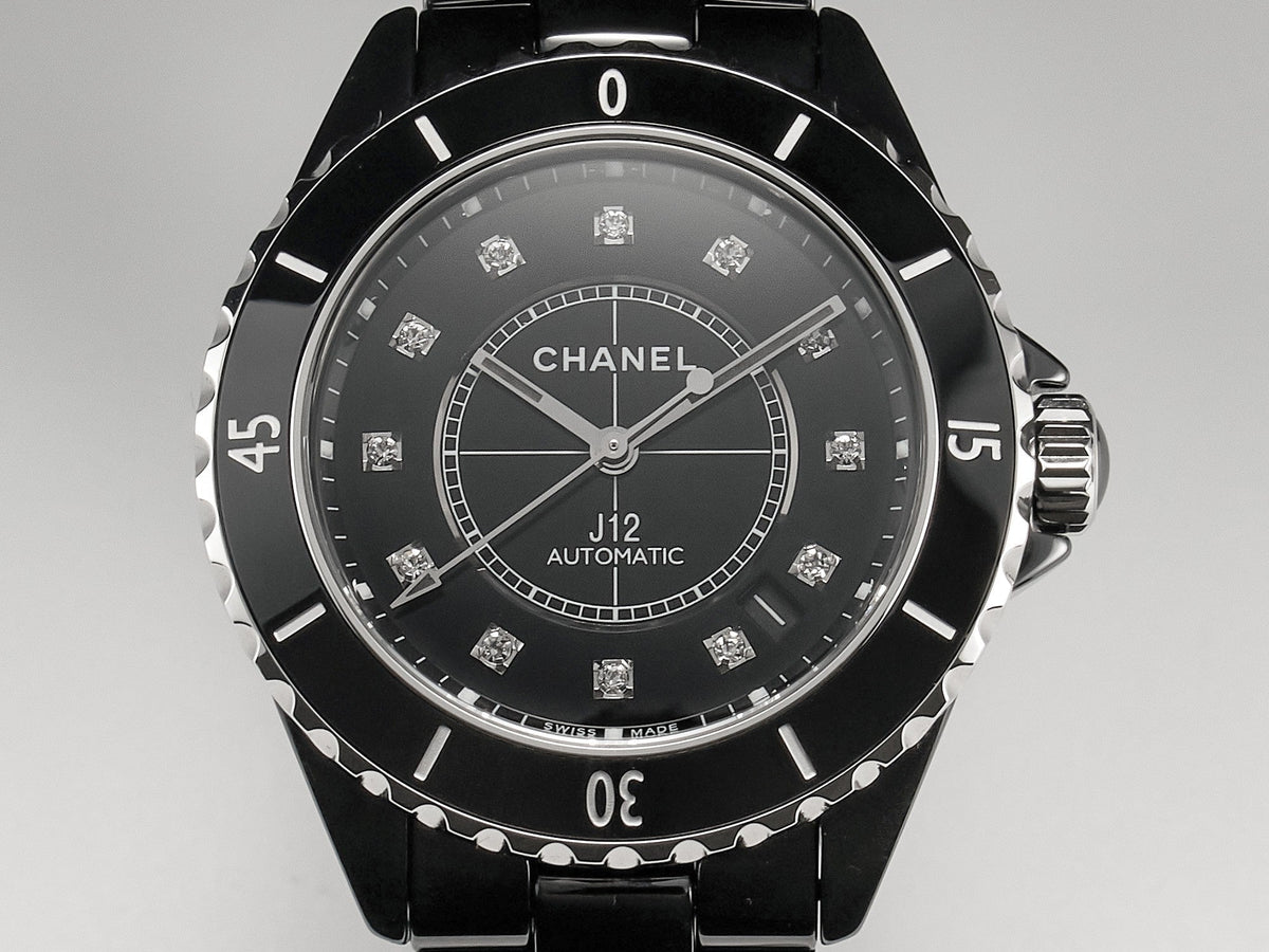 J12 Date Automatic Black Ceramic Diamond Numerals Black Dial Black Steel Hands