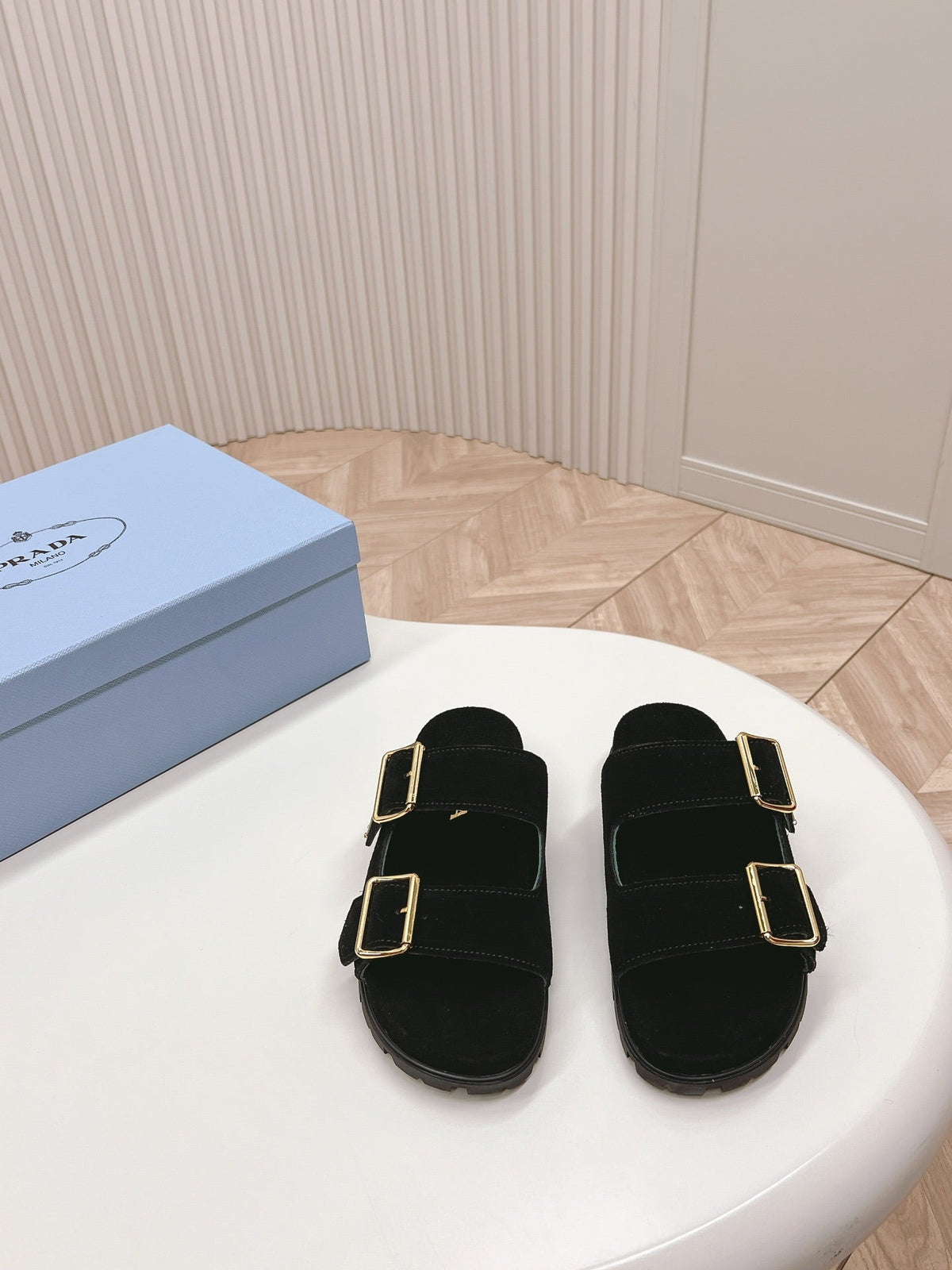 Double Buckle Strap Slides 20 Black Suede