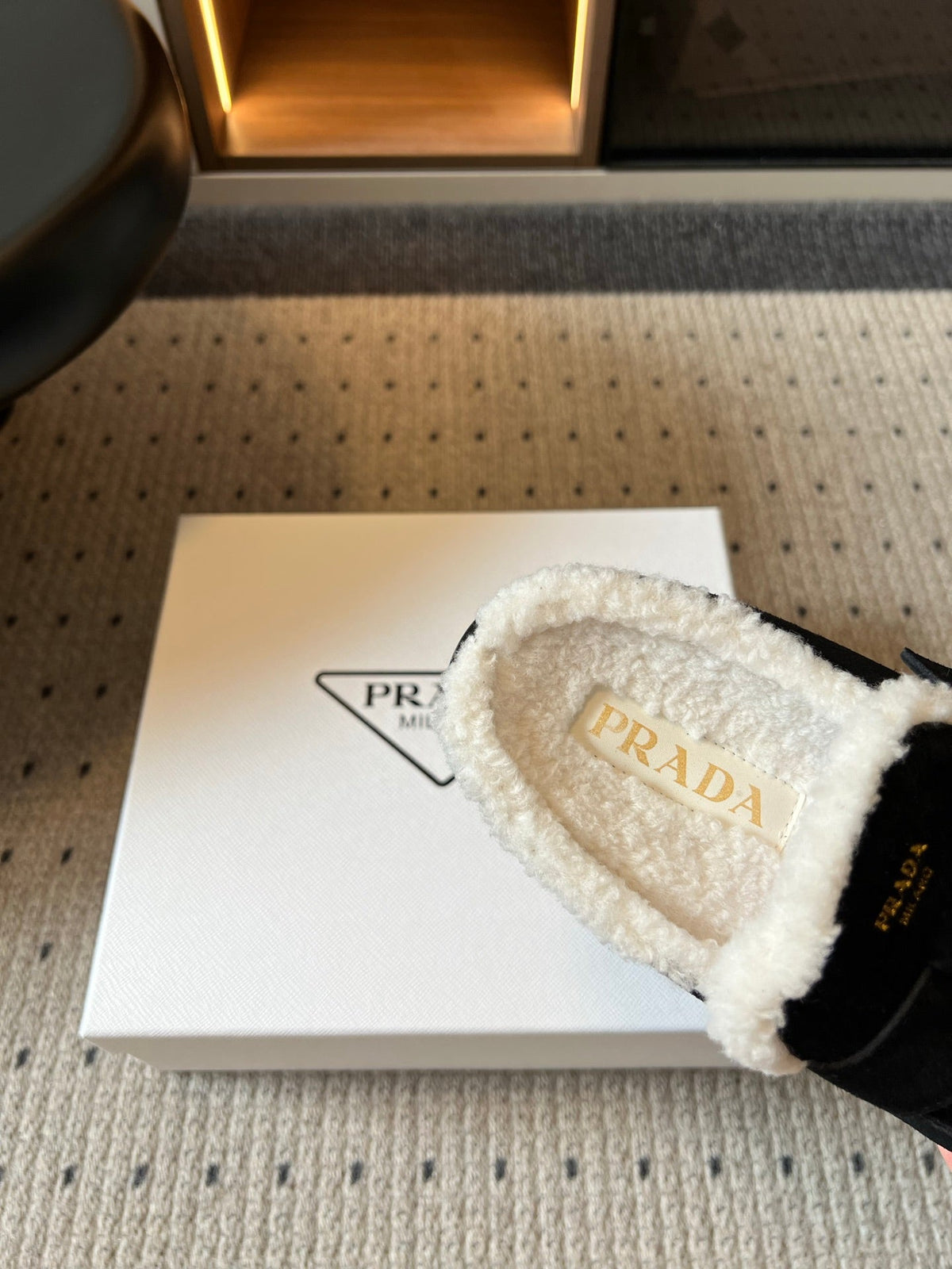 Prada 26s Clogs Black Suede Shearling 971695