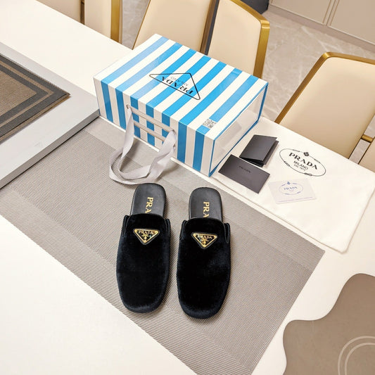 Prada 26s Square Toe Slippers In Black Red Velvet