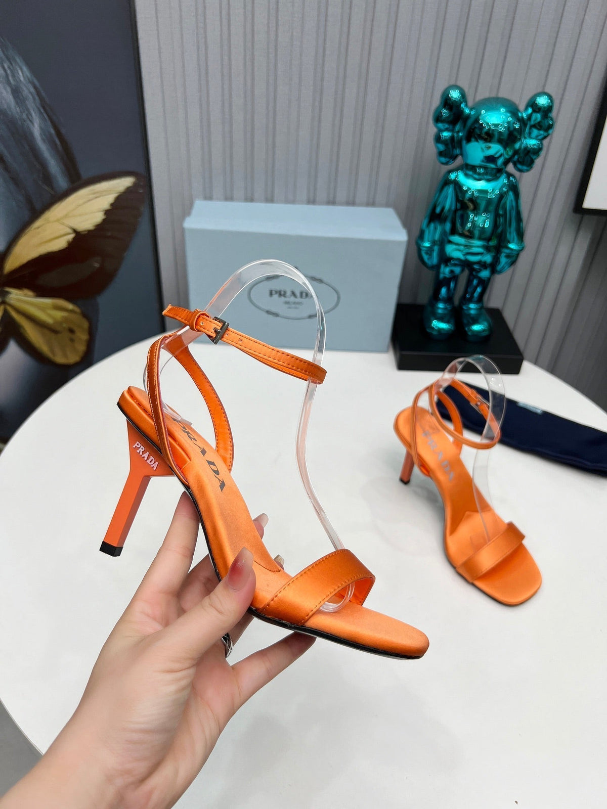 Prada 26s Ankle Strap Sandals Stiletto Heel 80mm In Orange Satin