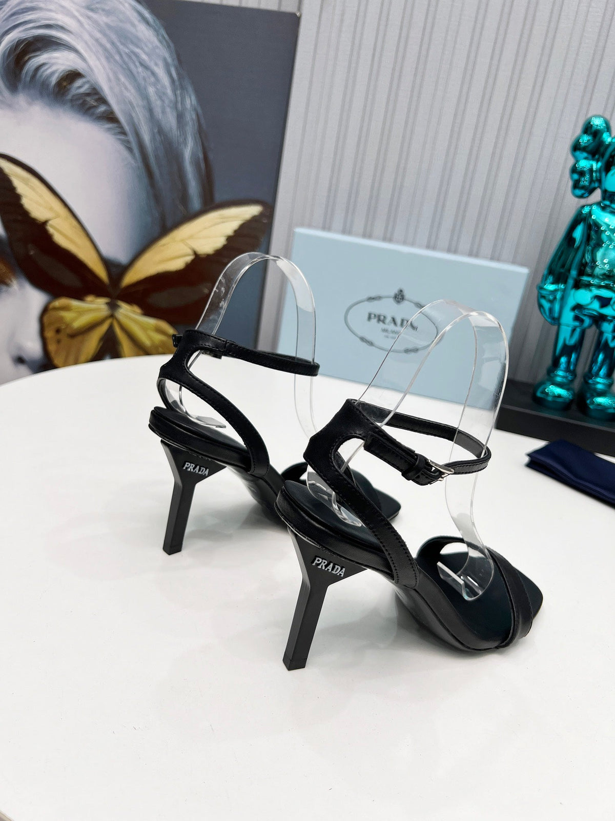 Prada 26s Ankle Strap Sandals Stiletto Heel 80mm In Black Satin