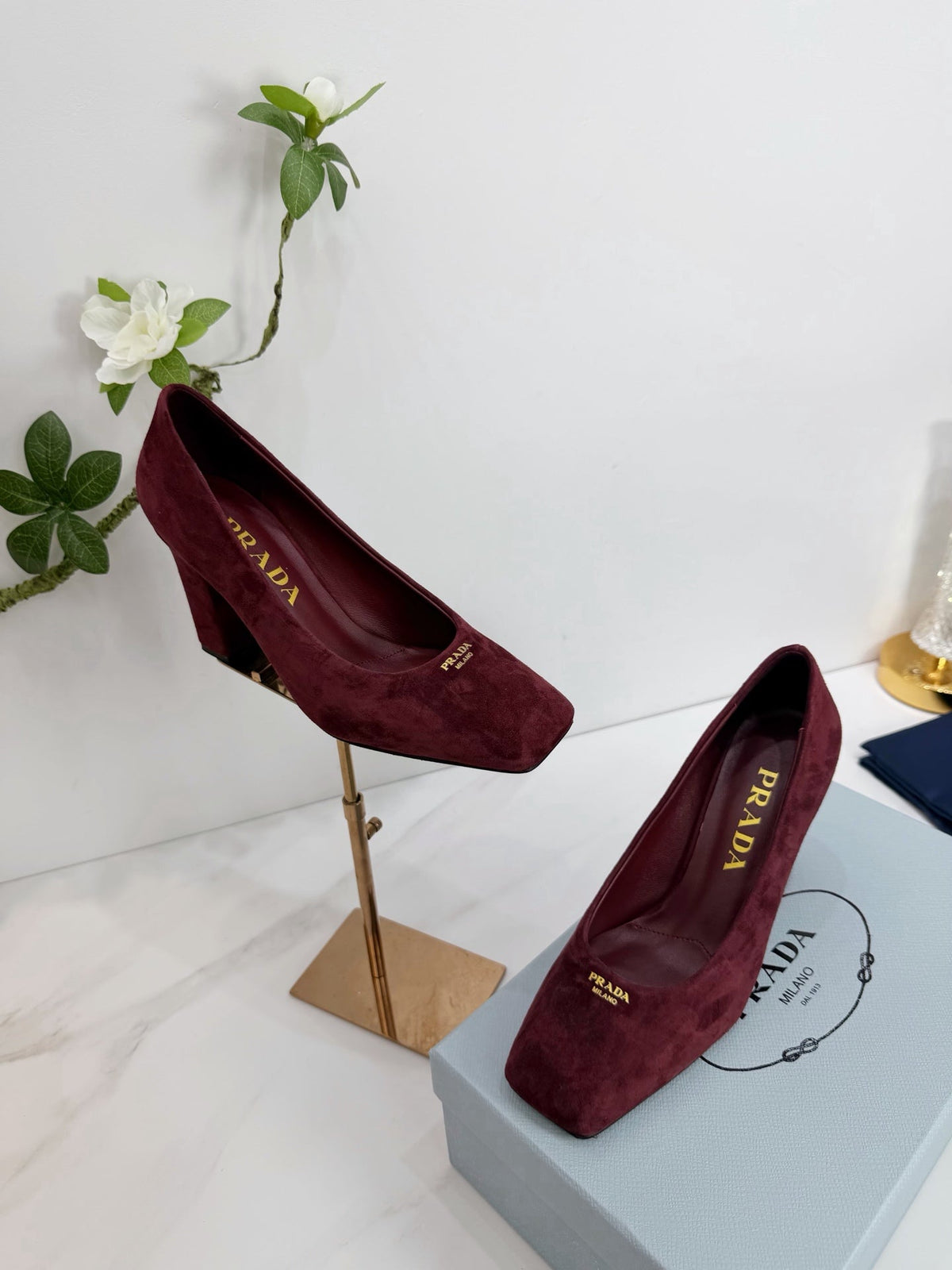 PRA 26SS Square-toe Block Heels 85 Burgundy Suede 592359
