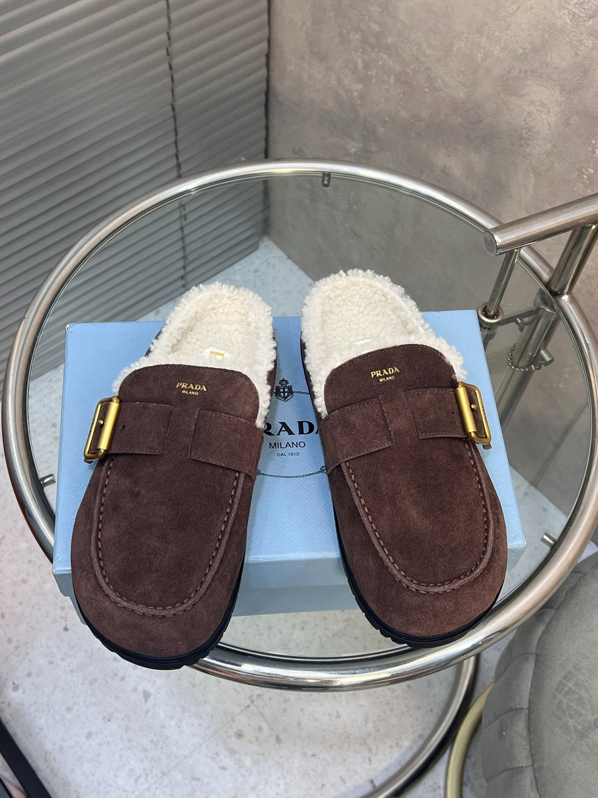 Prada 26s Mules Coffee Suede Shearing 952901