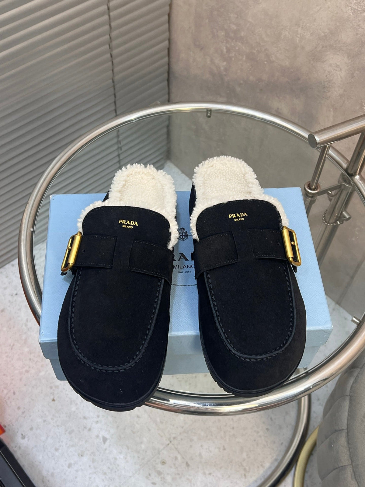 Prada 26s Mules Black Suede Shearing 952903