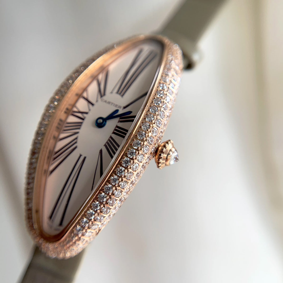 Vintage Baignoire 21mm Pink Gold Diamond Case Khaki Leather