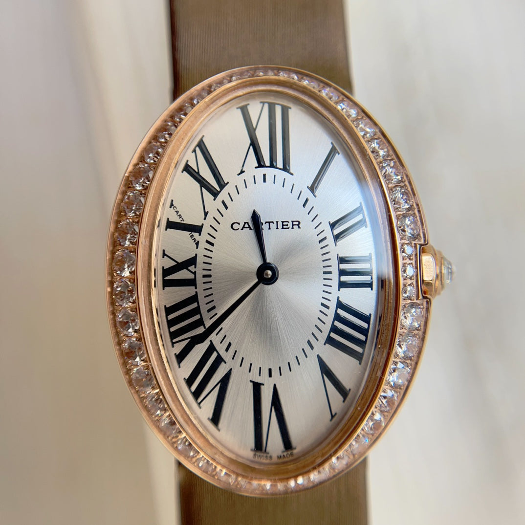 Baignoire 28mm Pink Gold Diamond Case Black Silk Leather