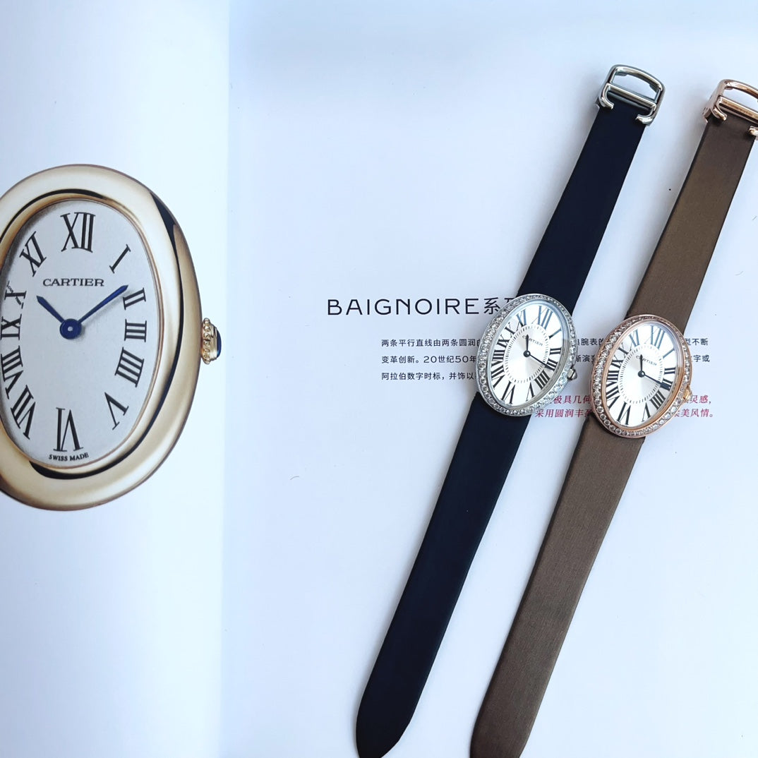 Baignoire 28mm Pink Gold Diamond Case Black Silk Leather