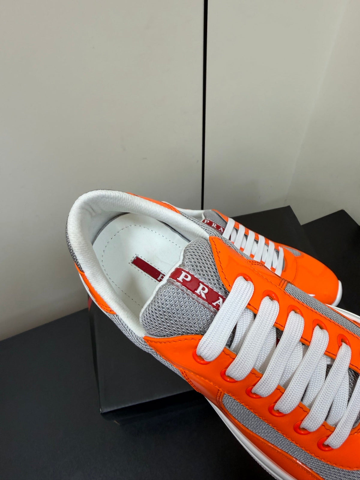 Prada America's Cup Sneaker Orange Patent Leather Mesh 618920