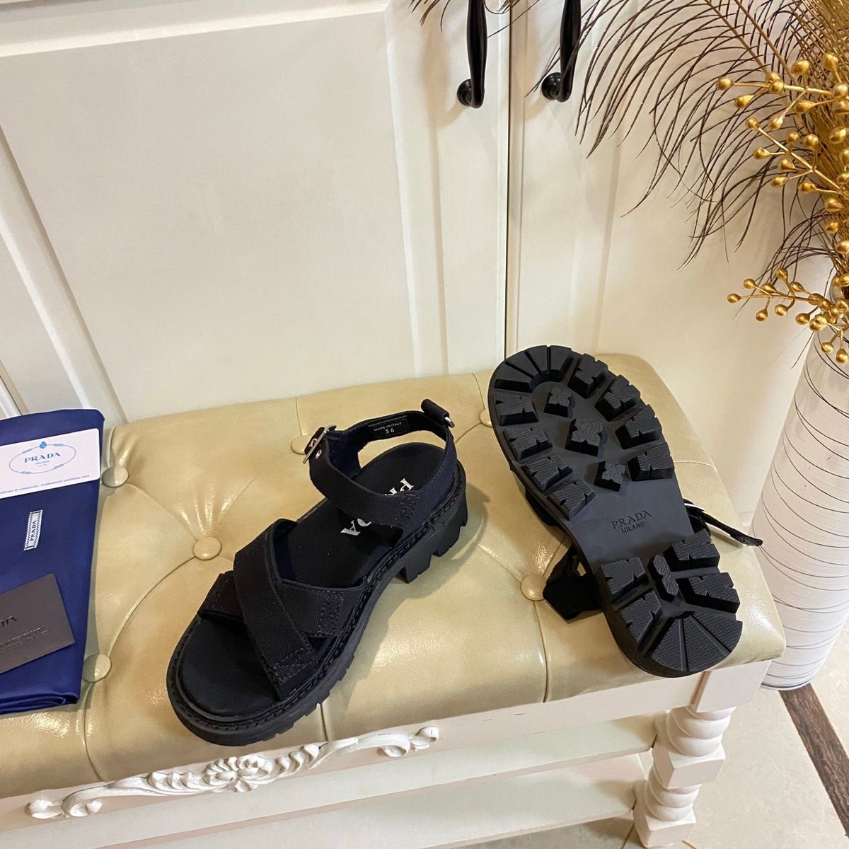 Prada Criss-Cross Sandal Black Canvas 687803